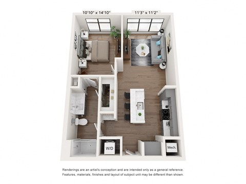 Floor plan for 1 bed, 1 bath, 800 sqft
